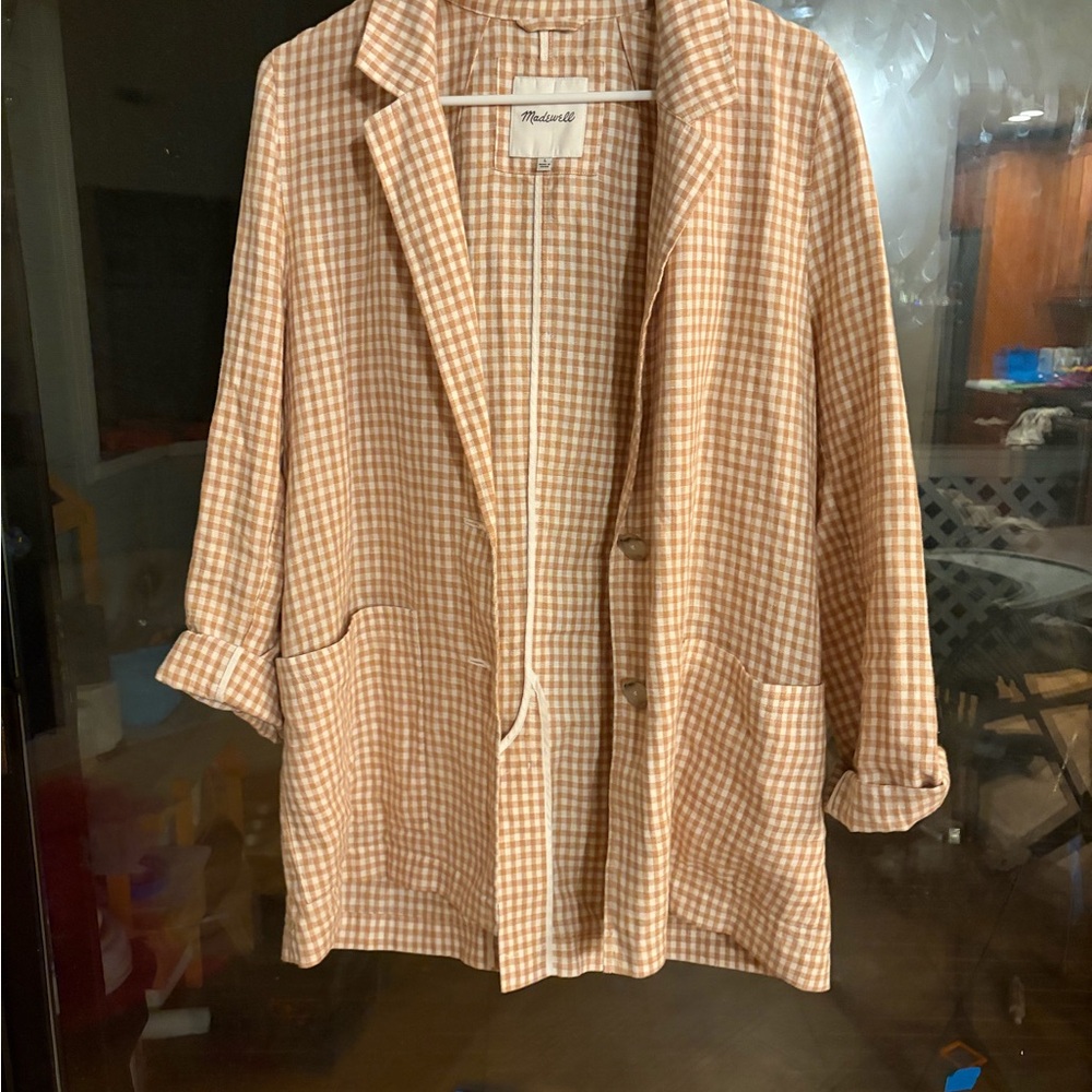 Madewell Tan & White Gingham Oversized Blazer